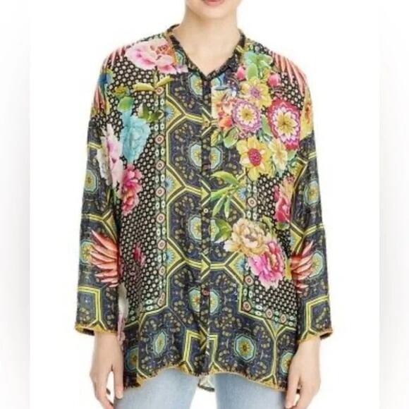 Johnny Was Fagan Bohemian Silk Button Front Multicolor Flowers Tunic - Picture 2 of 5
